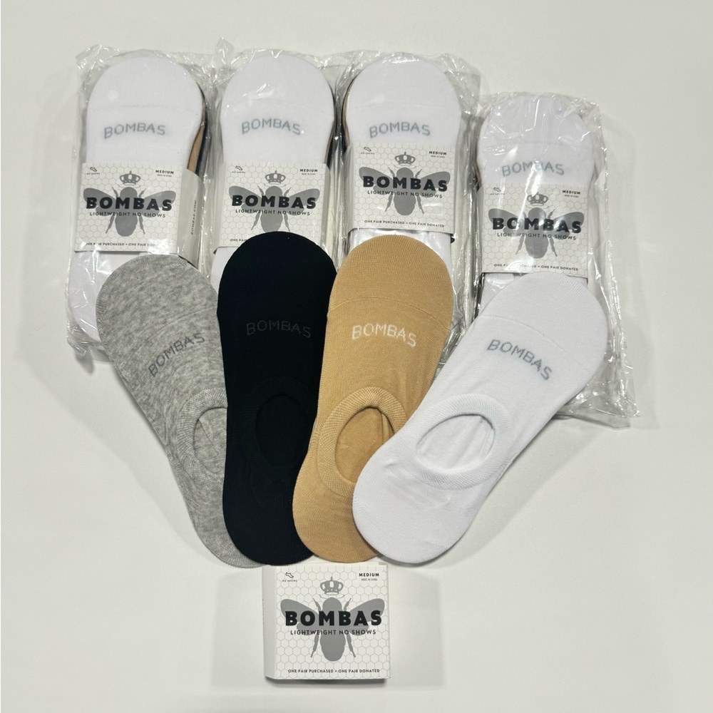 5 New 4-Pack Bombas Women's No Show Socks Medium Black White Tan Grey